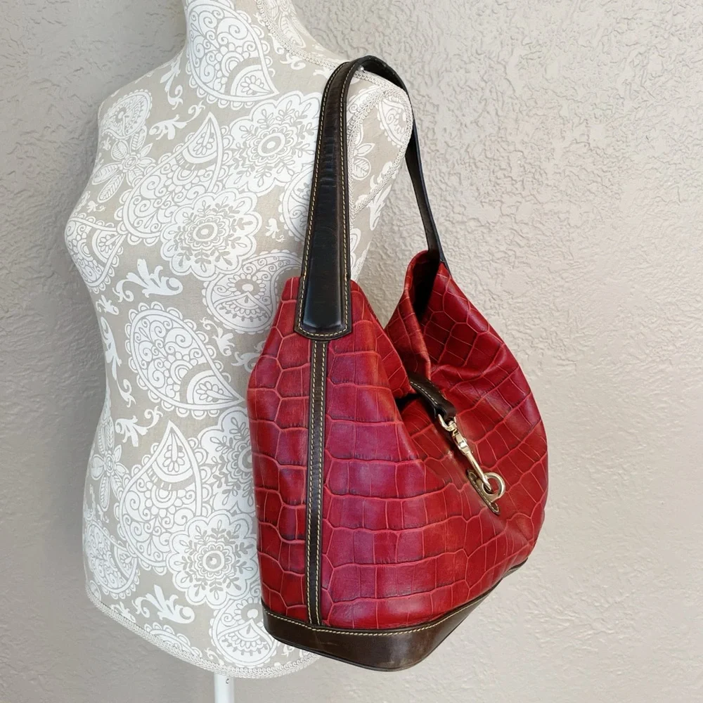 Dooney & Bourke Red Croc-Embossed Leather Hobo with Brown Trim
